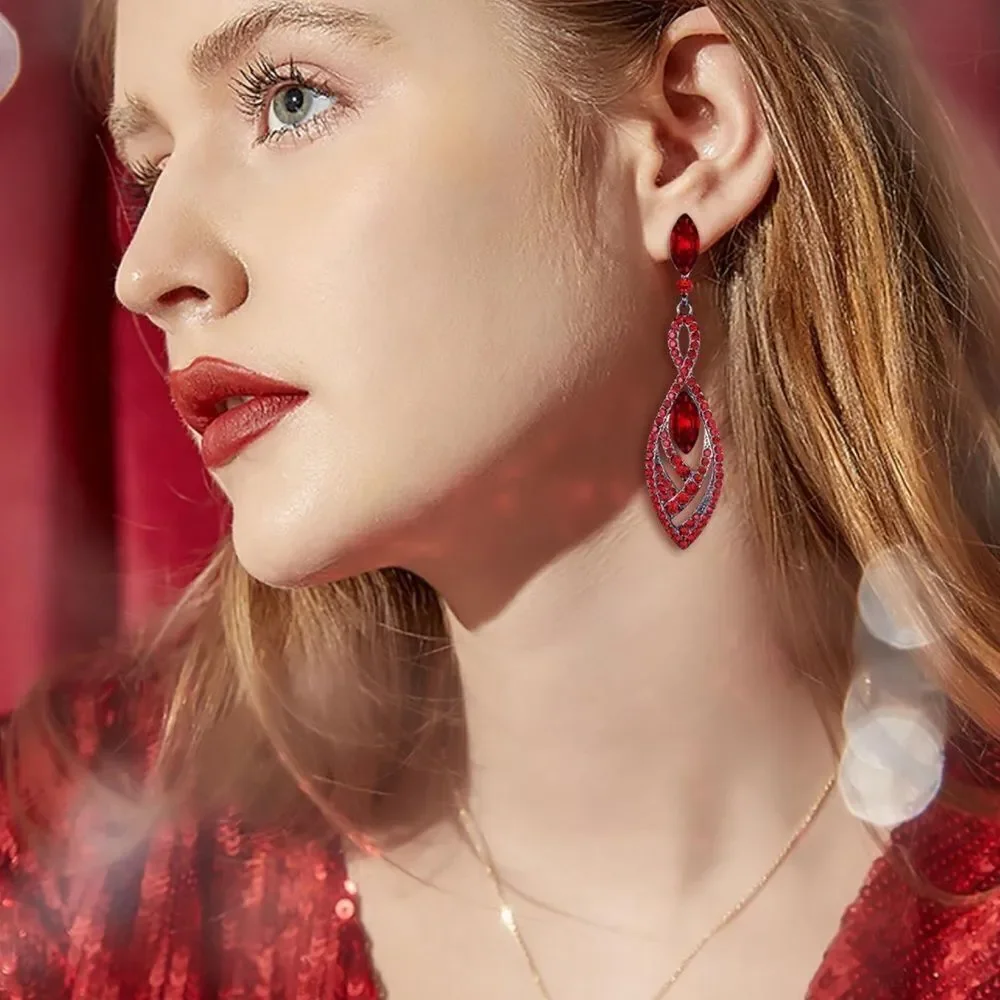 Gun Metal Black with Ruby Red Austrian Crystal Twisted Chandelier Post Earrings